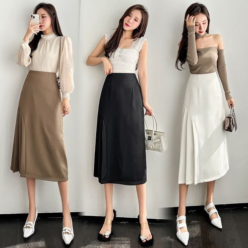Jupe Plissée Mi-Longue Printemps Et Été Taille Haute Polyvalente Noire Jupe Slim Trapèze Pour Femme Jupe Longue En Une Étape