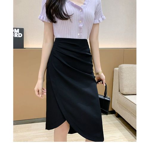 Jupe Femme Été Jupe Midi Plissée Noire Taille Haute Jupe Trapèze Plissée Jupe Midi Style Hong Kong Jupe Slim