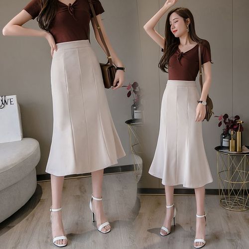 Jupe Queue De Poisson Mi-Longue D'été Pour Femme, Taille Haute, Couleur Unie, Épissure, Polyvalente, Noire, Douce Et Élégante