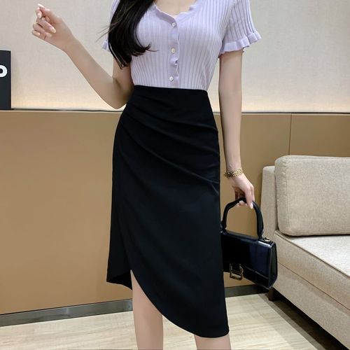 Jupe Midi Plissée Noire Pour Femme, Taille Haute, Style Hong Kong, Coupe Slim
