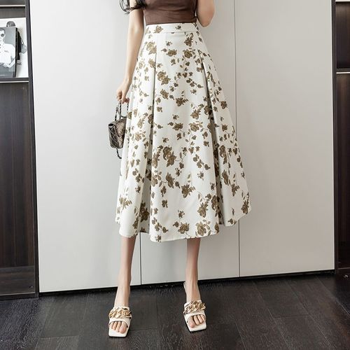 Jupe Mi-Longue Printemps Et Été Nouvelle Jupe Trapèze Taille Haute Florale Style Français Grande Balançoire Couvrant Les Hanches Jupe Longue Plissée