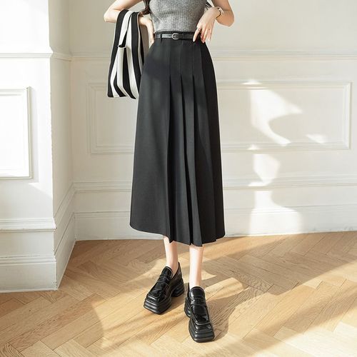 Jupe Longue Plissée Grise Pour Femme, Tenue De Printemps Et D'été, Longueur Moyenne, Taille Haute, Coupe Slim, Ligne A