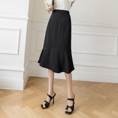 Jupe Mi-Longue Trapèze À Épissure En Queue De Poisson, Jupe Mi-Longue Élastique Polyvalente À Taille Haute Pour Femme