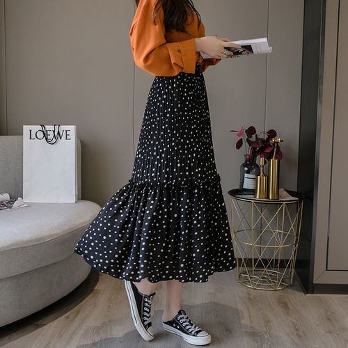 Robe De Printemps Et D'été Grande Balançoire À Pois Jupe Trapèze Mi-Longue Plissée En Mousseline De Soie Jupe Longue Jupe À Pois Vacances