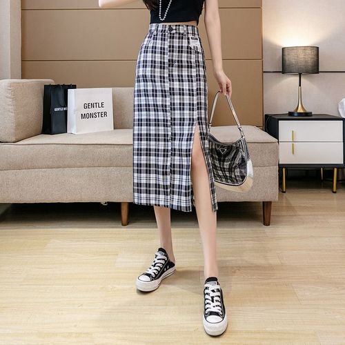 Jupe Midi Pour Femme, Jupe Midi De Créateur, Taille Haute, Jupe À Carreaux Fendue En Coupe Trapèze