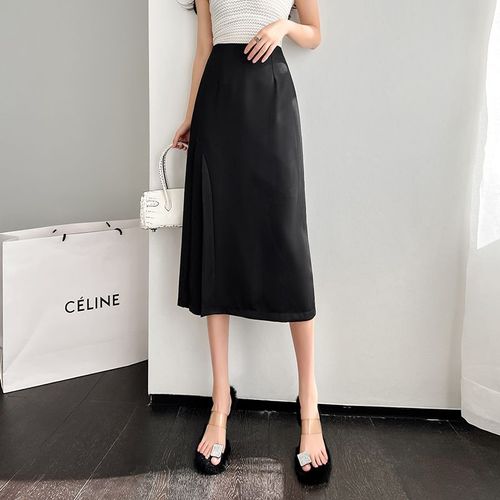 Jupe Plissée Mi-Longue Taille Haute Polyvalente Noire Jupe Slim Trapèze Jupe Longue Une Étape Pour Femme