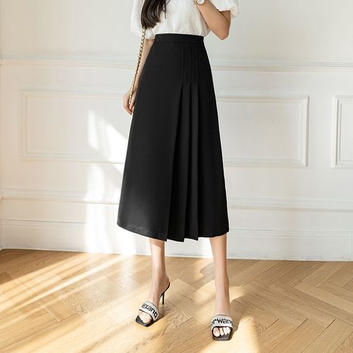 Jupe Plissée Mi-Longue Pour Femme Au Printemps Et En Été, Taille Haute, Jupe Longue Noire Trapèze, Jupe De Banlieue Tout-Aller