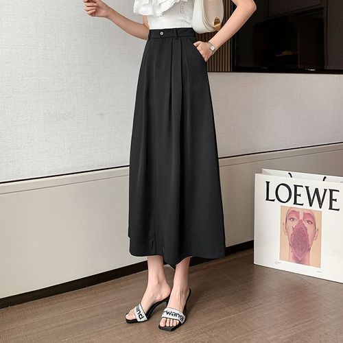 Jupe Mi-Longue, Taille Haute, Polyvalente, Grande Jupe, Couvrant Les Hanches, Jupe Longue Noire Amincissante