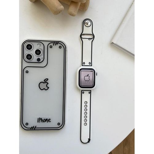 Bracelet En Silicone Noir Et Blanc Style Graffiti Mignon De Dessin Animé Pour Apple Watch Iwatch109876 Bracelet Créatif Se-Bracelet Blanc + Étui Rigide Blanc Demi-Couvercle - 41 Mm [Iwatch 7/8 Génér