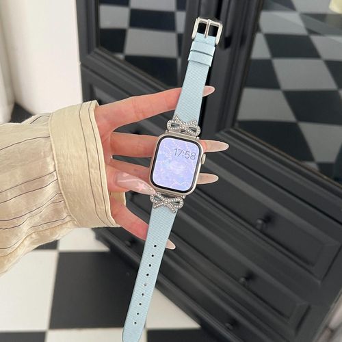 Applicable Au Bracelet Apple Watch Apple Watch 678 Femme Se Bracelet S8 Nouveau Métal Avancé Et Cuir Véritable-Papillon En Soie - Bleu Glace - 42 Mm/44 Mm/45 Mm/49 Mm