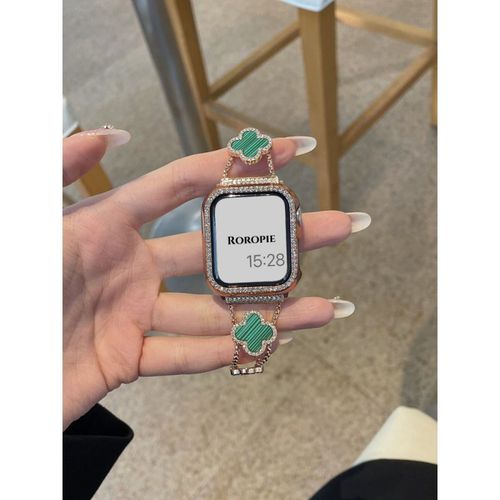 Bracelet De Montre En Métal Avec Trèfle À Quatre Feuilles Et Diamant Fin, Compatible Avec Apple Watch 9, Apple Watch Iwatch 876, Génération Se, Pour Femmes Âgées-Chaîne En Or Rose Feuilles Vertes -
