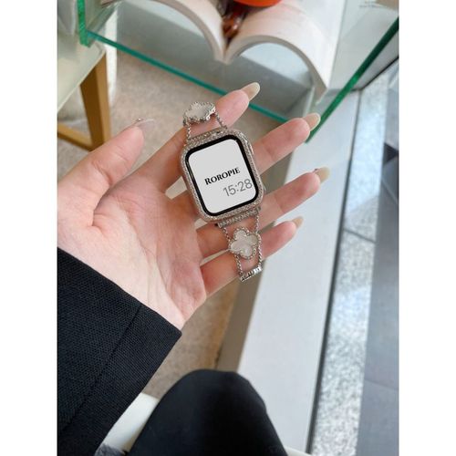 Bracelet De Montre En Métal Avec Trèfle À Quatre Feuilles Et Diamant Fin, Compatible Avec Apple Watch 9, Apple Watch Iwatch 876, Génération Se, Pour Femmes Âgées-Chaîne Argentée Feuille Blanche - 38