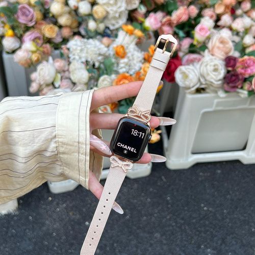 Applicable Au Bracelet Apple Watch Apple Watch 678 Femme Se Bracelet S8 Nouveau Métal Avancé Et Cuir Véritable-Papillon En Soie - Champagne - 38 Mm/40 Mm/41 Mm