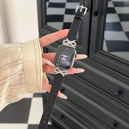 Applicable Au Bracelet Apple Watch Apple Watch 678 Femme Se Bracelet S8 Nouveau Métal Avancé Et Cuir Véritable-Papillon En Soie - Argent Noir - 38 Mm/40 Mm/41 Mm