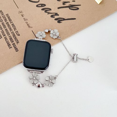 Bracelet Élégant En Chaîne À Cinq Pétales Pour Iwatch 7, Compatible Avec Apple Watch 6, Apple Watch S8 Et S9-Chaîne Fleur En Forme De C?ur - Argent - 38mm/40mm/41mm
