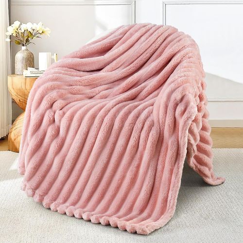 Checarzhn--No1-Couverture Polaire, Plaid Canapé En Rayé, Couverture De Lit Super Douce En Jacquard, Léger Et Moelleux Pour Toutes Les Saisons, 130x150cm, Rose