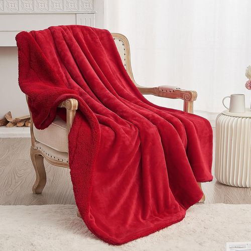 Checarzhn--No1-Sherpa Plaid Couverture Polaire Rouge Classique 220 X 240 Cm, Couverture Double Face Super Douce Luxurieuse Couverture En Peluche