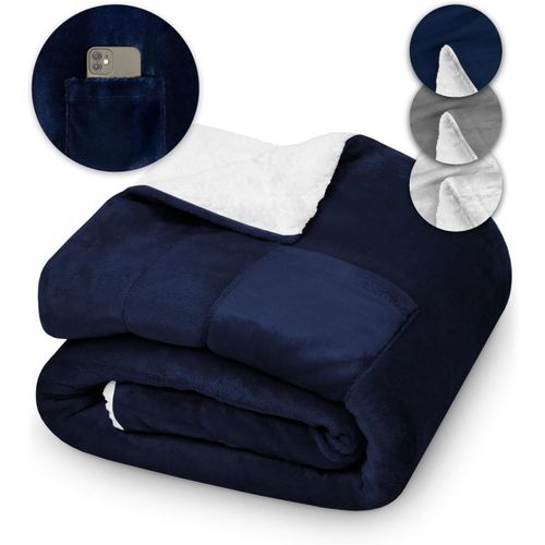 CHECARZHN--NO1-Couverture Douillette 150X200 Kami Sherpa - Plaid Réversible C Pour L'Hiver - Couverture Polaire Épaisse Pour Canapé Et Lit - Avec Poche Pour Smartphone & Protection Hygiénique - Bleu