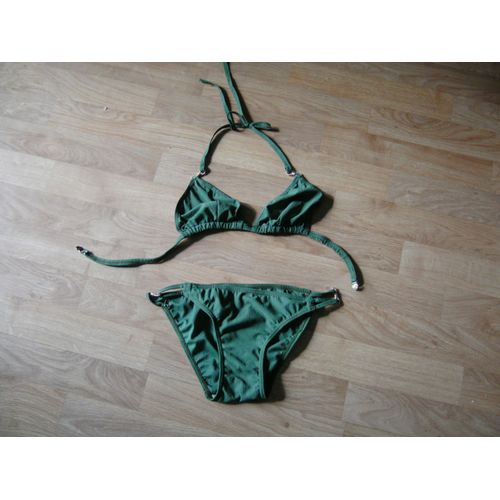 Maillot 2 Pièces Dégriffé Kaki Style Crépon Décos Dorées S Neuf