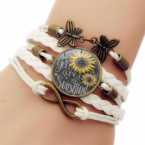 Bracelet Rétro Tissé Papillon Tournesol Pendentif Bijoux Cadeau Blanc