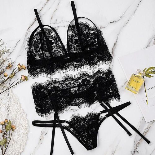 Femmes dentelle nuisette Lingerie soutien-gorge string ensemble vêtements de nuit sous-vêtements 2XL noir