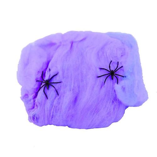 Toile d'araignée extensible avec 2 fausses araignées, décoration pour maison hantée, violet