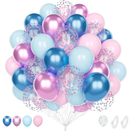 Ballon Bleu Rose,60 Pièce 12 Pouces Bleu Rose Pâle Confettis Latex Hélium Ballon pour Gender Reveal Anniversaire Baby Shower Mariage Douche Nuptiale Engagement Déco de Fête
