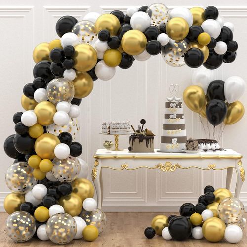 125 Pièces Arche Ballon Kit Noir et Or Confettis Ballons Latex,Or Noir Blanc Ballons Anniversaire pour Mariage,Retraite,Baby Shower,Halloween,Decoration Anniversaire de Feste