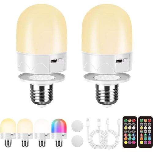 E27 Ampoule Rechargeable Avec Télécommande,Usb Ampoule À Piles Pour Lampe,Ampoule Rgb Couleur,12 Couleurs À Température Dimmable,3 Minuteries,Veilleuse Sans Fil,800lm,2200mah,2 Pack