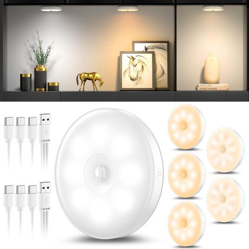 Lot De 6 Veilleuses Avec Détecteur De Mouvement,Lampe Led Rechargeable Usb À Trois Couleurs,Lumiere Detecteur De Mouvement Interieur Pour Éclairage D'escalier,Chambre,Cuisine,Chambre D'enfant.