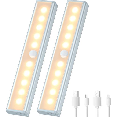 Lampe De Placard Sans Fil Détecteur De Mouvement 2pcs,Lumière Pour Armoire Avec Capteur Usb Rechargeable,Bande Magnétique Adhésive,10 Led Pour Escaliers/Chambre/Armoire