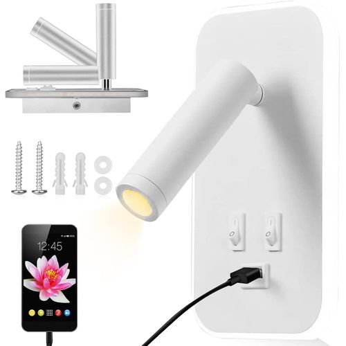 Lampe De Lecture Led,Applique Murale Led,Liseuse De Chevet Réglable,Avec Port De Charge Usb Et Interrupteur,Applique De Chevet,Lumières Murale Couloir (Weiß)
