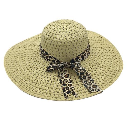 Chapeau de soleil en paille à large bord pour femmes, casquette pliable avec n¿ud décoratif, kaki