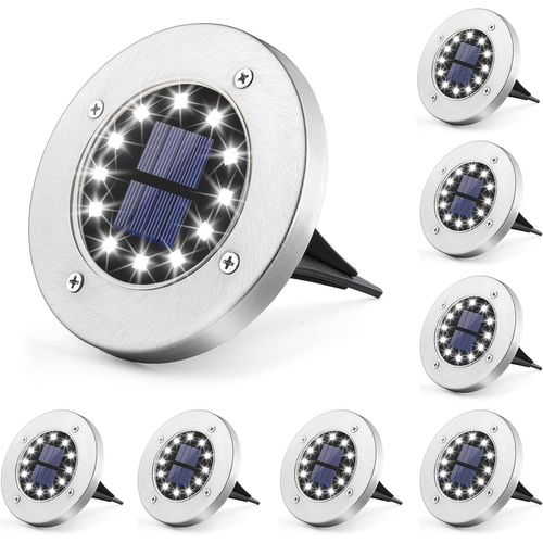 Lot De 8 Lampes Solaires De Sol Pour Jardin,12 Led,Blanc,En Acier Inoxydable,Étanche,Pour Extérieur,Jardin,Terrasse,Pelouse,Cour,Allée