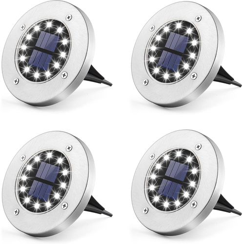 Lot De 4 Lampes Solaires De Sol Pour Jardin,12 Led,Blanc,En Acier Inoxydable,Étanche,Pour Extérieur,Jardin,Terrasse,Pelouse,Cour,Allée