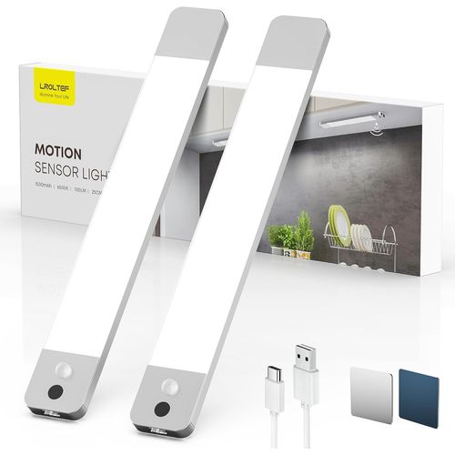 Reglette LED Lampe Cuisine sous Meuble-25CM 1500mAh Lumiere Placard avec Detecteur de vol Stationnaire à Main & Detecteur Mouvement Interieur sans Fil Rechargeable pour Armoire|2 Pack