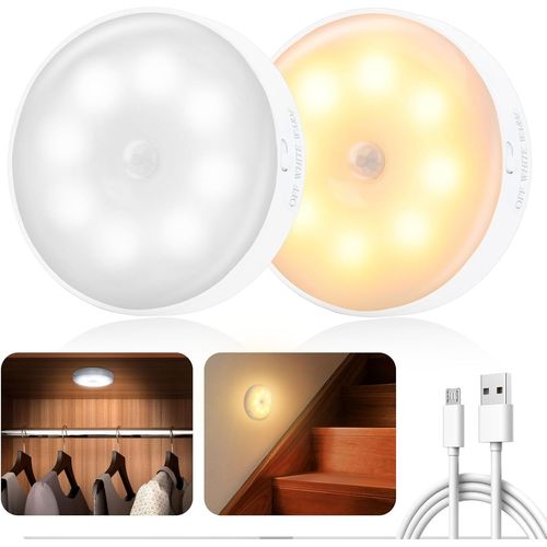 Lampe Détecteur De Mouvement Interieur,Veilleuse Led Rechargeable 3 Modes Éclairage,Lampe Led Sans Fil Lumière Pour D'escalier,Couloir,Chambre À Coucher,Armoire,Cuisine (2 Pièces)