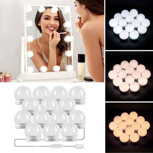 3 Couleurs Lumières De Miroir,14 Ampoules Hollywood Dimmable Led Mirror Light Kit,10 Niveaux De Luminosité Miroir Lumineux De Salle De Bains (Miroir Non Inclus)