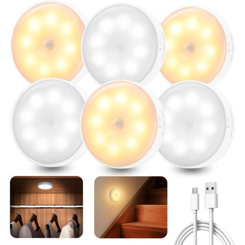 6 Pièces Lampe Détecteur de Mouvement Interieur,Veilleuse LED Rechargeable Lumiere 3 Modes,Lampe Led Sans Fil éclairage pour d'escalier,Couloir,Chambre à Coucher,Armoire,Cuisine