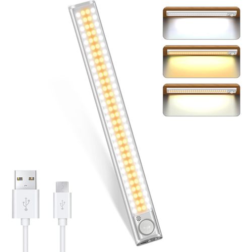 Reglette 120 Led Cuisine Rechargeable USB,30CM Lampe de Placard Led Detecteur Mouvement,Eclairage Bande Armoire sous Meuble Sans Fil,Lumiere 3 Couleurs 4 Modes