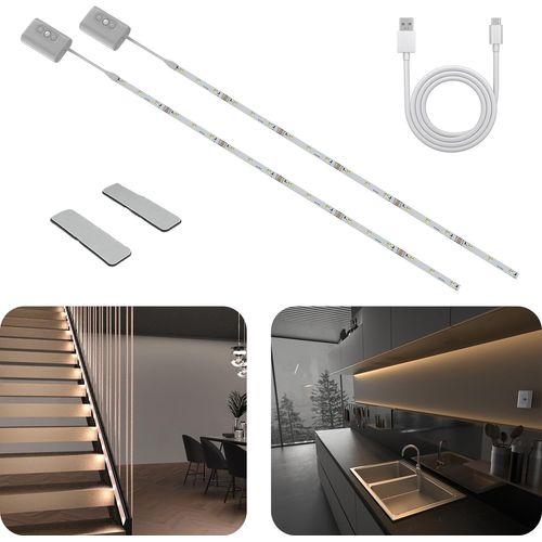 Ruban Led Chambre A Pile,2000mah 2 Pcs Bande Leds Murale Avec Detecteur Mouvement,3 Températures De Couleur,Lumiere Led Rechargeable Usb,Bandeau À Led Pour Cuisine,Tv,Meuble,Escalier