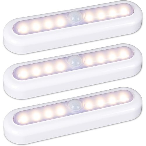 Lot de 3 18cm lampes à détecteur de mouvement pour l¿intérieur,à coller,fonctionnement à piles,lumière LED sans fil pour armoire,escaliers,placard,cuisine,blanc chaud
