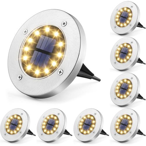 Lot De 8 Lampes Solaires Pour Jardin,12 Led,Blanc Chaud,En Acier Inoxydable,Étanche,Pour L'extérieur,Jardin,Terrasse,Pelouse,Cour,Allée