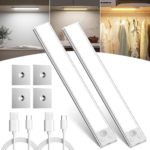 Lampe Detecteur de Mouvement Interieur 2 Pieces,30cm Dimmables Reglette Led Cuisine avec 3 Couleurs,Rechargeable USB-C Eclairage Lumiere Led pour Armoires,Couloirs,Escalier,Chambre à Coucher