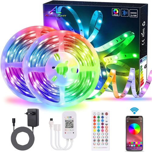 Ruban Led Bluetooth 20m,5050 Kit De Bande Led Rgb 2×10m Musique Sync Contrôlé Par App Du Smartphone Avec Récepteur Ir,Bande Lumineuse Pour Décoration Maison Diy Chambre