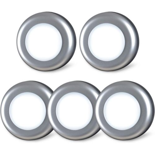Lot De 5 Petits Spots Led Tactiles,À Coller,Fonctionnement À Piles,Pour Intérieur,Placard,Armoire,Meuble De Cuisine,Argenté,Blanc Froid