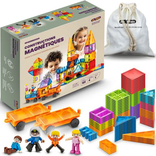 Jeu construction magnétique - 101 tuiles magnétiques dont 2 voitures- 4 personnages - sac de rangement - jouet éducatif aimanté idéal - puzzle 3D - enfants - bloc créatifs STEM