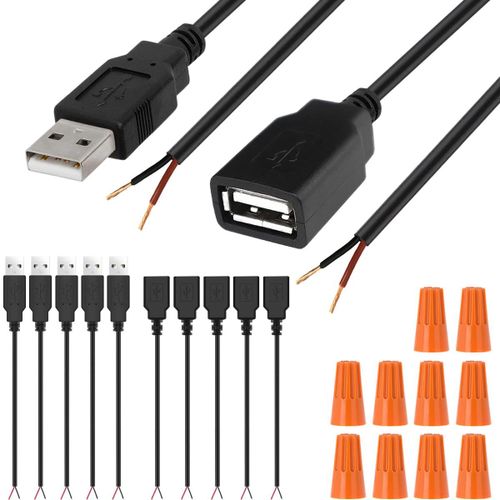 Connecteurs USB Câble Prise USB 2.0 à Souder Réparations Type A 2 Broches Femelle Mâle Adaptateur D'alimentation Jack Fil Ouvert Chargeur Cordon de Charge D'extension,10 Pièces