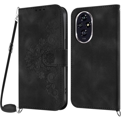 Kal-Coque Honor 200 Pro Avec Cordon, Etui Honor 200 Pro Avec Cordon Collier, Cuir Flip Portefeuille Étui En Cuir, Housse Case Etui Avec [Bandoulière Réglable] Lanyard Case Cover (Noir)