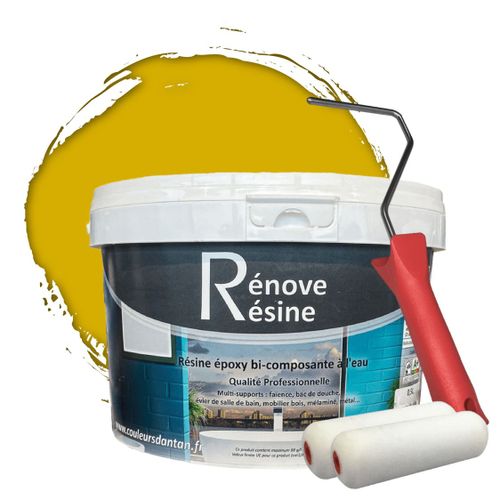 Peinture Résine multisupport Intérieur pour Faïence, Carrelage, Douche, Baignoire 5m² - RAL 1032 Jaune genêt + Kit d'application OFFERT